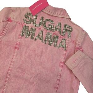 Sugar Mama Pink Acid Wash Distressed Denim Jacket‎ Rhinestone Tag Lg Fits Like M